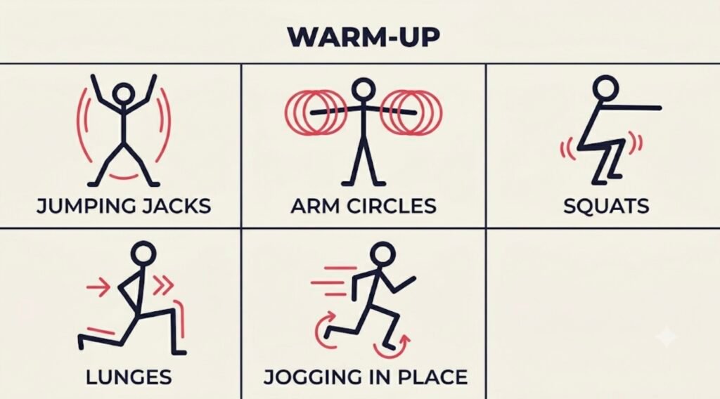 Warm-up exercises illustrated — jumping jacks, arm circles, squats, lunges, jogging in place