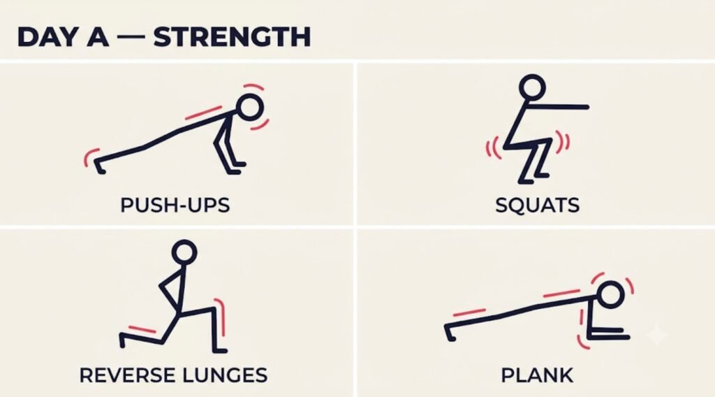 Day A strength workout exercises — push-ups, squats, reverse lunges, plank