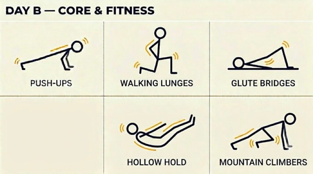 Day B core and fitness exercises — walking lunges, glute bridges, hollow hold, mountain climbers
