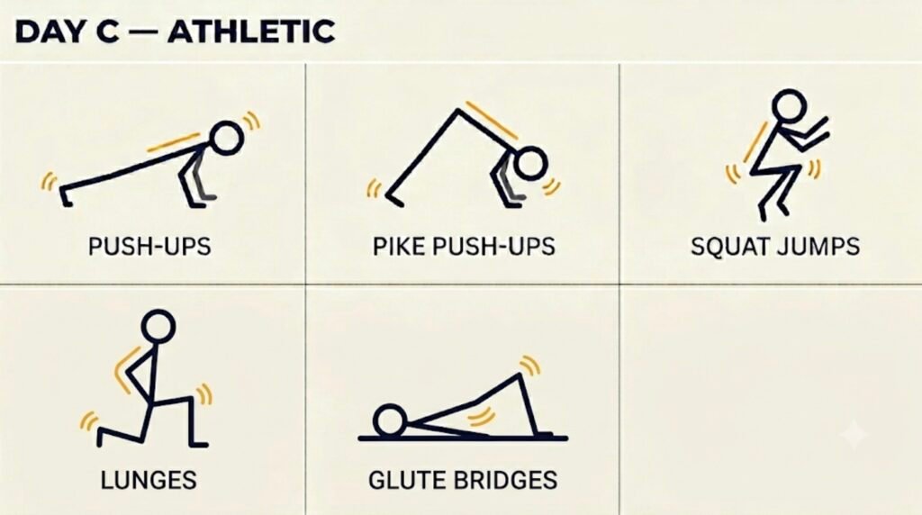 Day C athletic exercises — pike push-ups, squat jumps, side plank, glute bridges