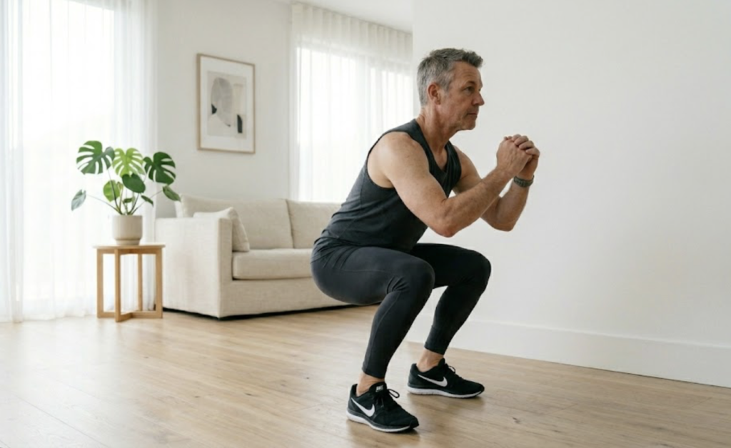 Bodyweight squat position with feet shoulder width apart and chest upright