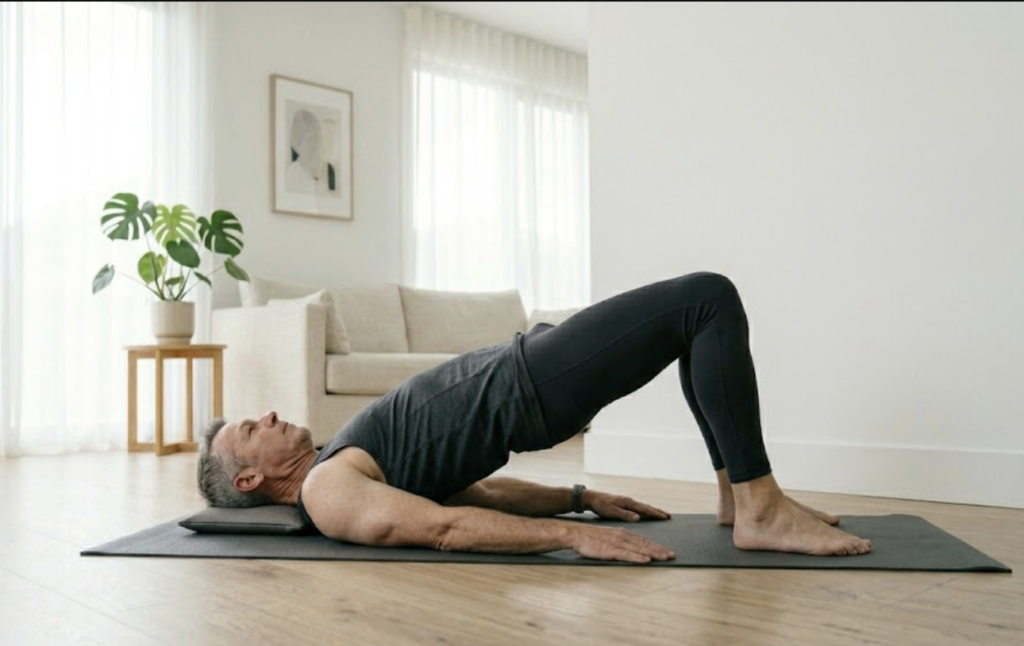 Glute bridge exercise with hips driven up and shoulders flat on the floor